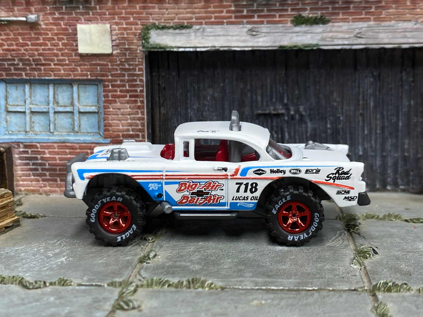 Custom Hot Wheels - Big Air Bel Air Chevy Bel Air - Whie and Blue - Red Mag Wheels - Off Road Rubber Tires