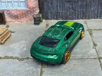 Metallic-green Camaro SS custom Hot Wheels, rear view with lime roof graphics