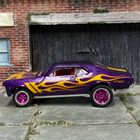 Custom Hot Wheels - 1968 Chevy Nova - Purple with Flames - Pink and Chrome 5 Spoke Wheels - Rubber Tires