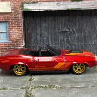 Custom Hot Wheels - Plymouth Barracuda - Red and Orange - Gold 6 Spoke Wheels - Rubber Tires