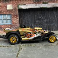 Custom Hot Wheels - Pro Stock Drag Car - Gold and Black Skulls and Flames - Gold Mag Wheels - Firestone Rubber Tires