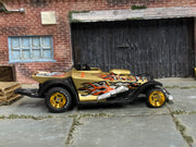 Custom Hot Wheels - Pro Stock Drag Car - Gold and Black Skulls and Flames - Gold Mag Wheels - Firestone Rubber Tires