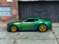Metallic-green 2018 Camaro SS custom Hot Wheels, right side with gold wheels