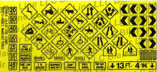 Blair Line N Scale Highway Signs: Warning #1 1971-Present (black, yellow) – 005 — exact product reference
