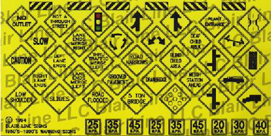 Blair Line HO Scale Highway Signs: Warning #4 1948-Present (black, yellow) – 110 — exact product reference