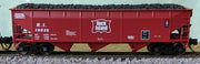 Bluford Shops 74200 N scale Rock Island 10536 red offset-side hopper with coal load, side view.