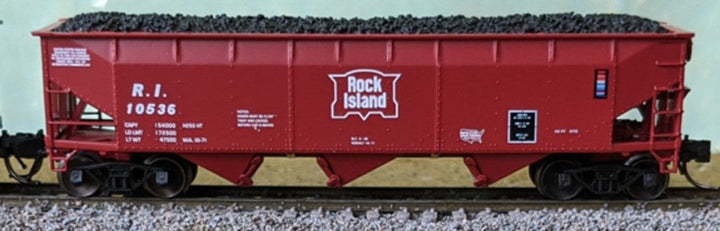Bluford Shops 74200 N scale Rock Island 10536 red offset-side hopper with coal load, side view.