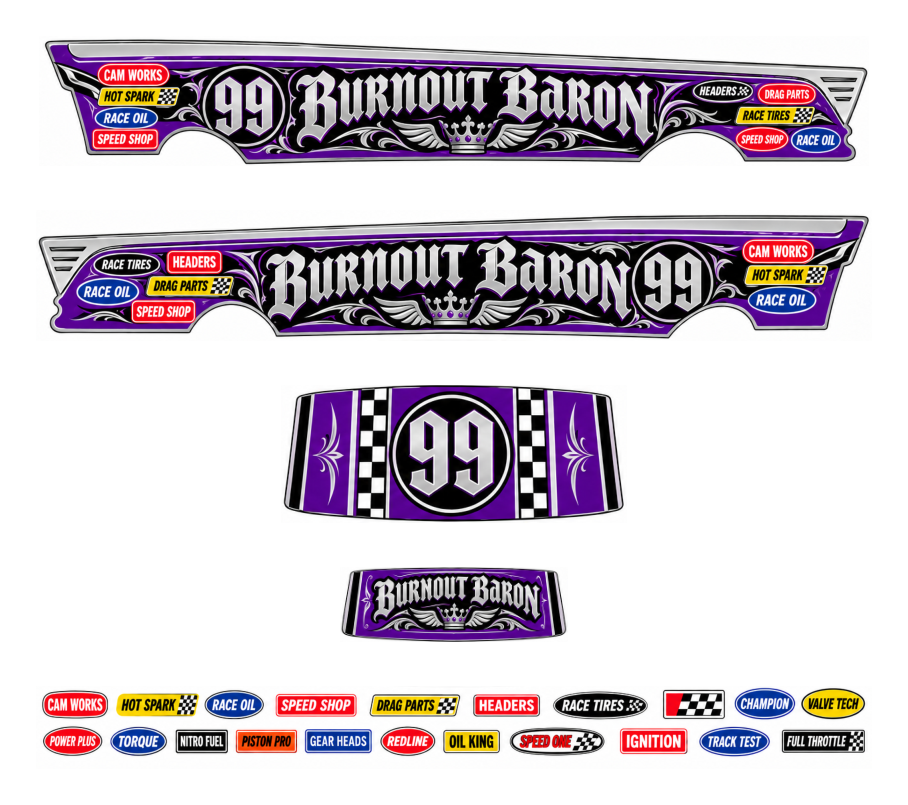 Burnout Baron – Purple, Silver & Black – one complete 1955 gasser decal set