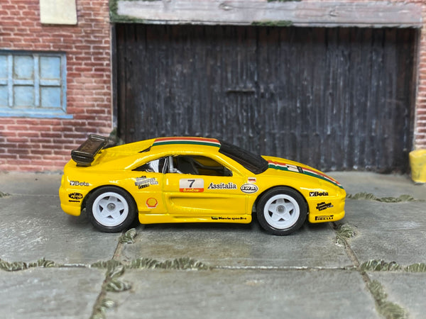 Yellow Ferrari F355 Challenge custom Hot Wheels, front three-quarter view