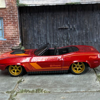 Custom Hot Wheels - Plymouth Barracuda - Red and Orange - Gold 6 Spoke Wheels - Rubber Tires