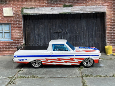 Custom Hot Wheels - 1965 Ford Ranchero - White Stars and Stripes - Chrome 4 Spoke Wheels - Rubber Tires