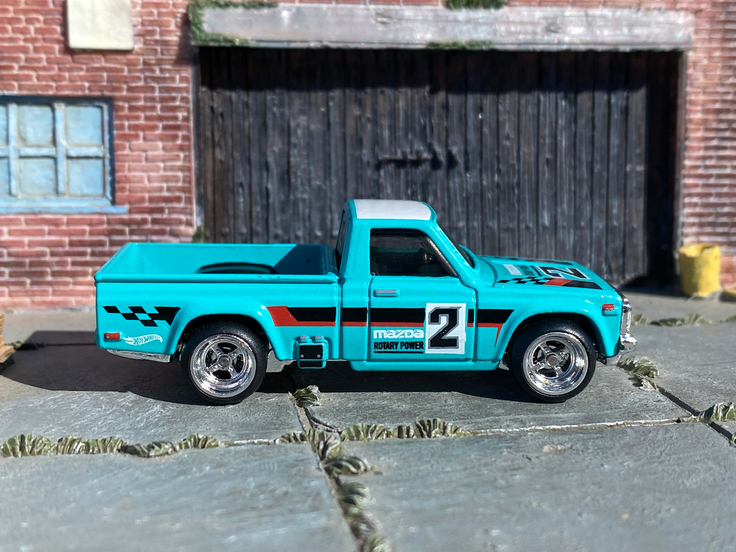 Custom Hot Wheels - Mazda REPU Mini Truck - Teal and White - Chrome 4 Spoke Wheels - Rubber Tires