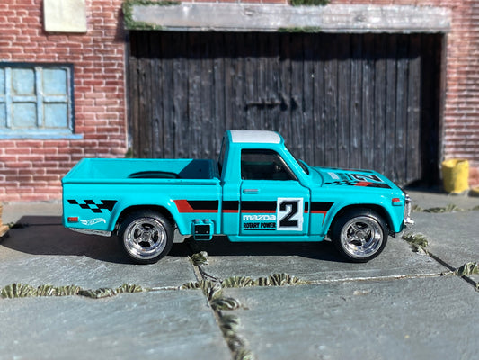 Custom Hot Wheels - Mazda REPU Mini Truck - Teal and White - Chrome 4 Spoke Wheels - Rubber Tires
