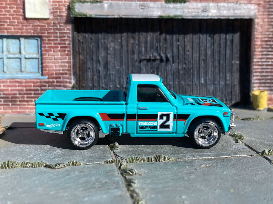Custom Hot Wheels - Mazda REPU Mini Truck - Teal and White - Chrome 4 Spoke Wheels - Rubber Tires