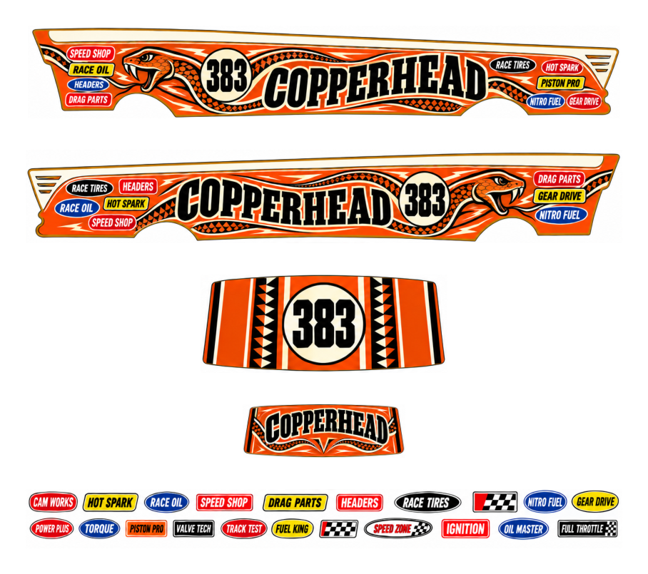 Copperhead – Copper, Black & Ivory – one complete 1955 gasser decal set
