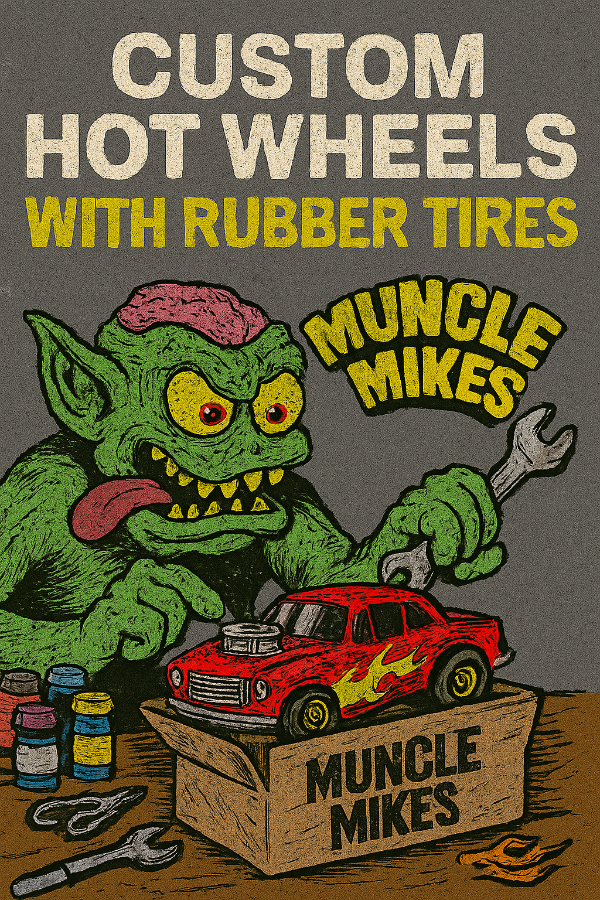 Exclusive custom Hot Wheels cars with rubber tires, chrome engines, and flame paint jobs — hand‑built diecast cars from Muncle Mikes