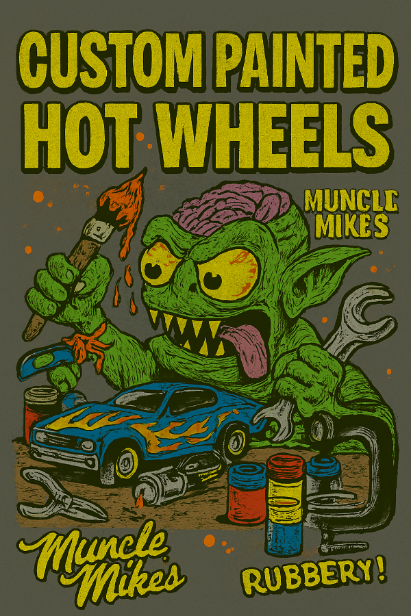 Exclusive custom painted Hot Wheels cars with flame jobs, satin clearcoats, metallic finishes, and unique liveries — hand‑painted diecast customs from Muncle Mikes
