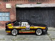 Custom Hot Wheels - 1984 Audi Sport Quatro - Black, Yellow and Red - Chrome 4 Spoke Wheels - Rubber Tires