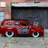 Loose Hot Wheels - 1956 Ford F100 Panel Truck - Hot Wheels Engine Builders Dark Red with Flames