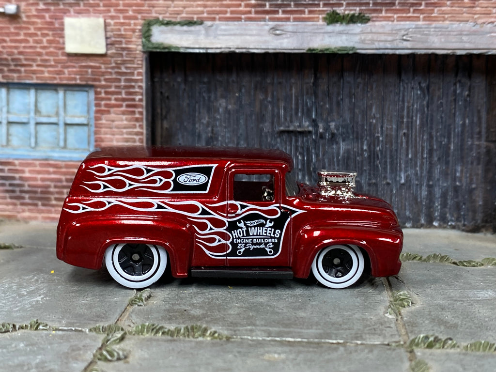 Loose Hot Wheels - 1956 Ford F100 Panel Truck - Hot Wheels Engine Builders Dark Red with Flames