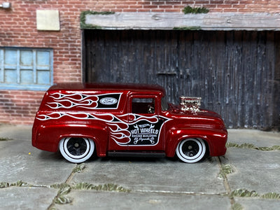 Loose Hot Wheels - 1956 Ford F100 Panel Truck - Hot Wheels Engine Builders Dark Red with Flames