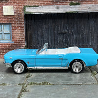 Custom Hot Wheels - 1965 Ford Mustang Convertible - Blue and White - Chrome Steel Wheels - Rubber Tires