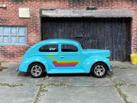 Light-blue 1940 Ford Fat Fender custom Hot Wheels, front three-quarter view