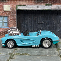 Custom Hot Wheels - 1958 Corvette - Blue - Chrome Steel Wheels - Rubber Tires