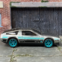 Custom Hot Wheels - Back to The Future Delorean Time Machine - ZAMAC and Blue TH - Green Chrome Mag Wheels - Rubber Tires