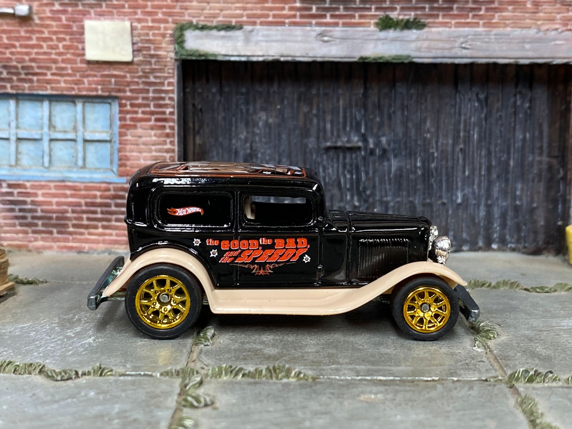 Custom Hot Wheels - 1930 Ford Model A - Black and Tan "The good, The Bad and the Speedy" - Gold Mag Wheels - Rubber Tires
