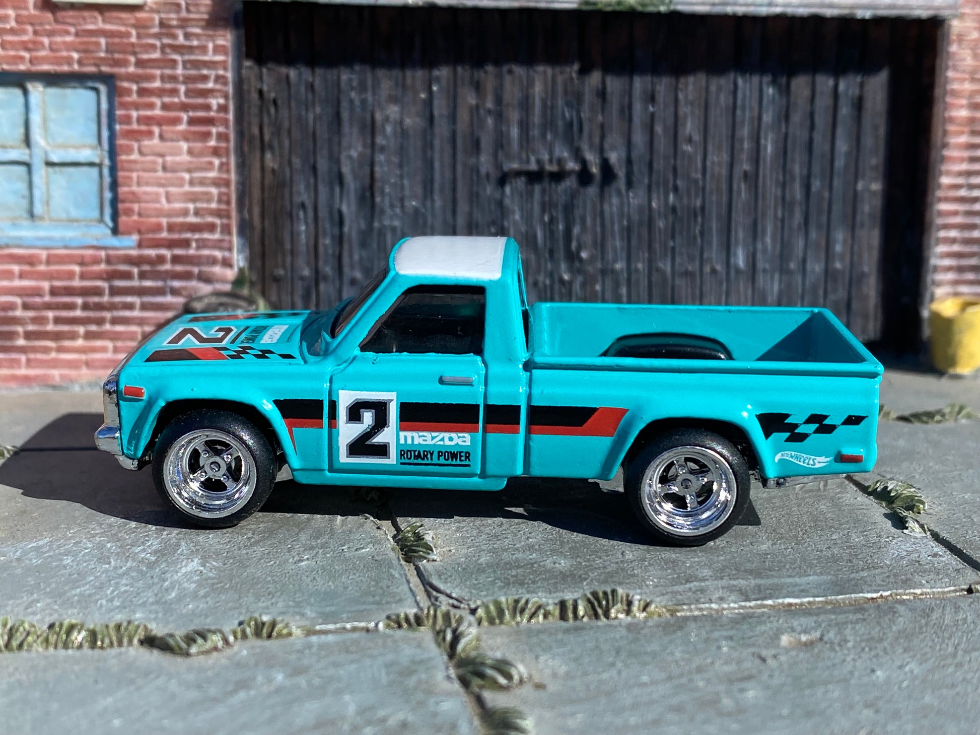 Custom Hot Wheels - Mazda REPU Mini Truck - Teal and White - Chrome 4 Spoke Wheels - Rubber Tires