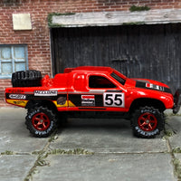 Custom Hot Wheels - Toyota Tacoma Off Road Baja Truck - Red and Black Holley - Red Mag Wheels - Goodyear Off Road Rubber Tires