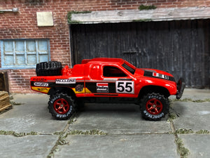 Custom Hot Wheels - Toyota Tacoma Off Road Baja Truck - Red and Black Holley - Red Mag Wheels - Goodyear Off Road Rubber Tires