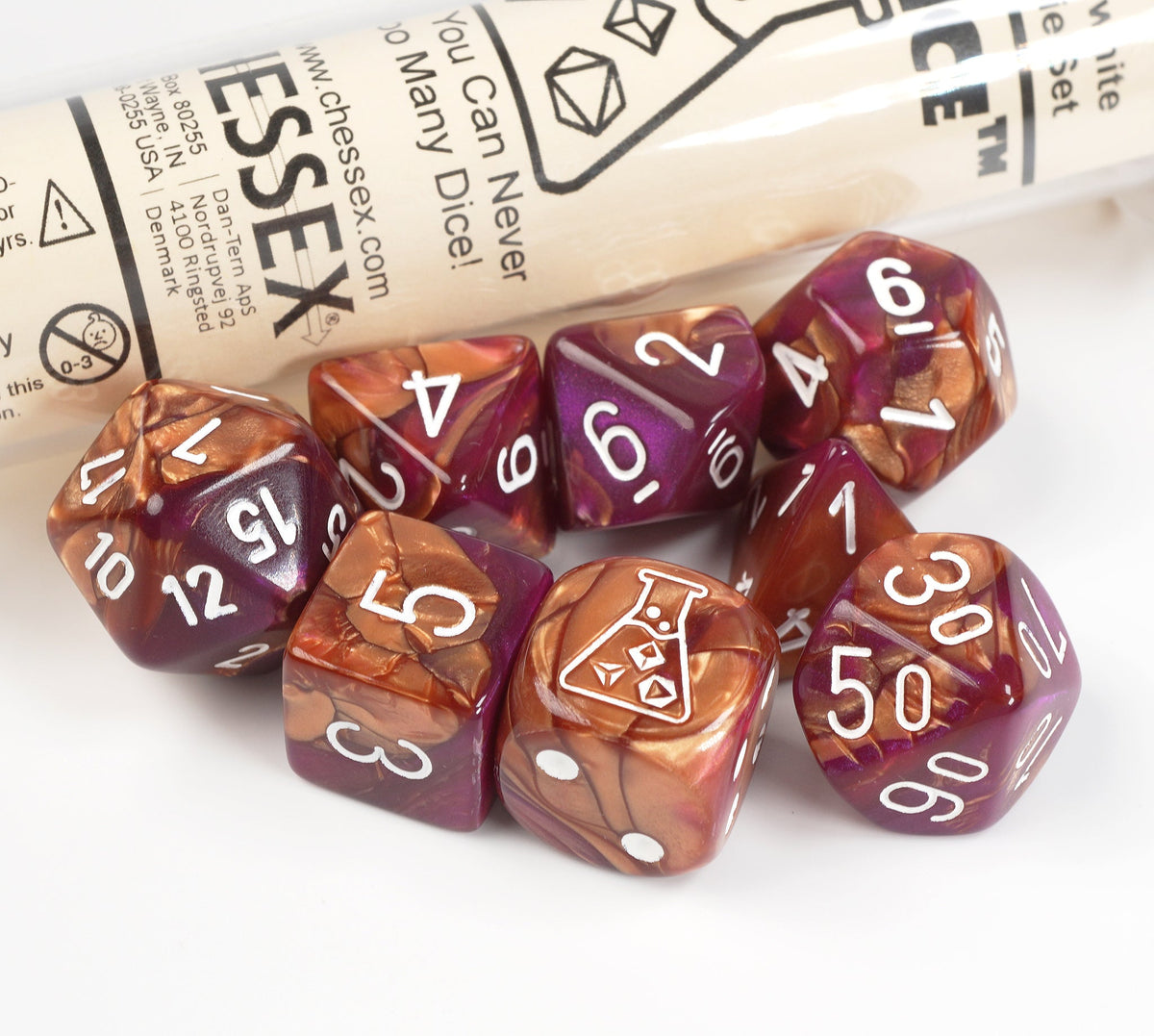 Chessex Gemini Copper-Purple/White Lab Dice Set 30071 – product view 1