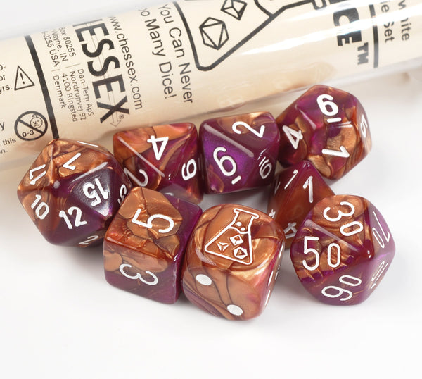 Chessex Gemini Copper-Purple/White Lab Dice Set 30071 – product view 1