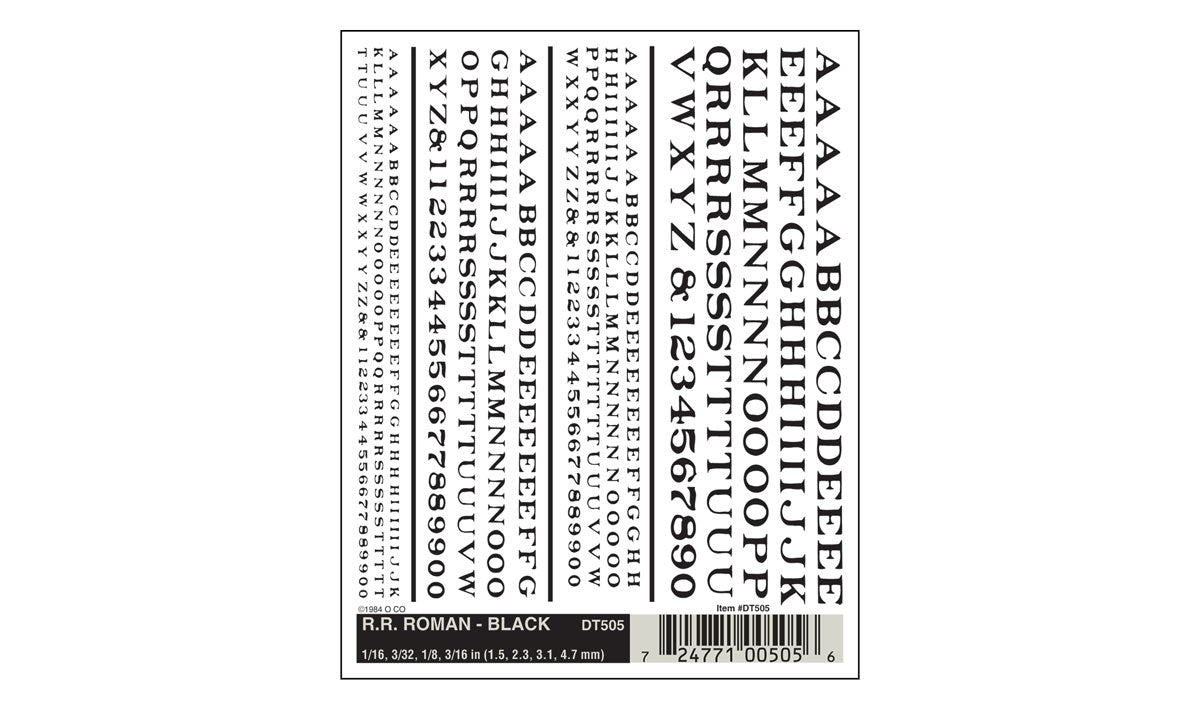 Woodland Scenics DT505 RR Roman Black dry-transfer sheet, letters and numbers in four sizes.