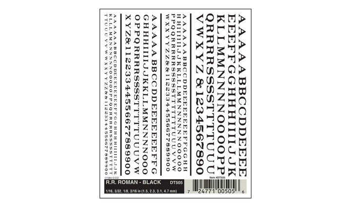 Woodland Scenics DT505 RR Roman Black dry-transfer sheet, letters and numbers in four sizes.