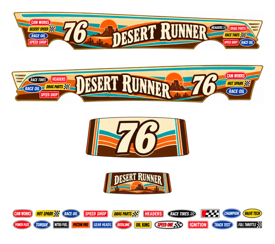Desert Runner – Sand, Turquoise & Orange – one complete 1955 gasser decal set