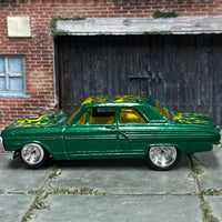 Custom Hot Wheels - 1964 Ford Fairlane Thunderbolt - Green and Yellow with Flames - Chrome Steel Wheels - Rubber Tires