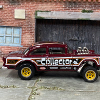 Custom Hot Wheels - 1955 Chevy Gasser - Dark Red "The Collector" - Yellow and Chrome Mag Wheels - Rubber Tires