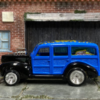 Custom Hot Wheels - 1940 Ford Woody - Black and Blue with Graphics - Chrome Steel Wheels - Rubber Tires