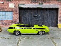 Green-and-black King Kuda custom Hot Wheels, front three-quarter view