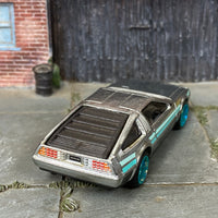 Custom Hot Wheels - Back to The Future Delorean Time Machine - ZAMAC and Blue TH - Green Chrome Mag Wheels - Rubber Tires