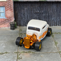 Custom Hot Wheels - 1932 Ford 3 Window - White, Orange and Gold 52 Years - Yellow and Chrome Mag Wheels - Rubber Tires