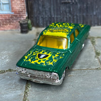 Custom Hot Wheels - 1964 Ford Fairlane Thunderbolt - Green and Yellow with Flames - Chrome Steel Wheels - Rubber Tires