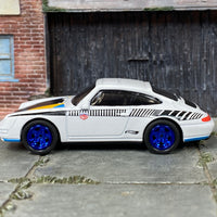 Custom Hot Wheels - 1996 Porsche Carrera - White, Yellow, Blue and Black - Blue Mag Wheels - Rubber Tires