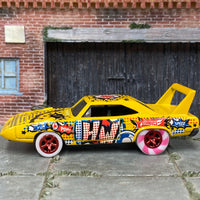 Custom Hot Wheels - 1970 Plymouth Superbird  - Yellow Art Series - Red Mag Wheels - Pink and White Rubber Tires