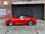 Custom Hot Wheels - 2023 Nissan Z - Red - Chrome 4 Spoke Wheels - Rubber Tires