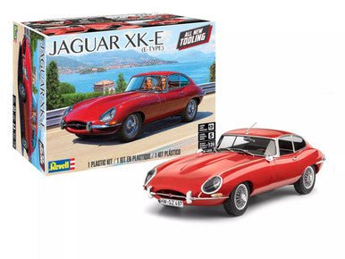 Revell 85-4509 Jaguar E-Type Coupe kit box with a painted red model example