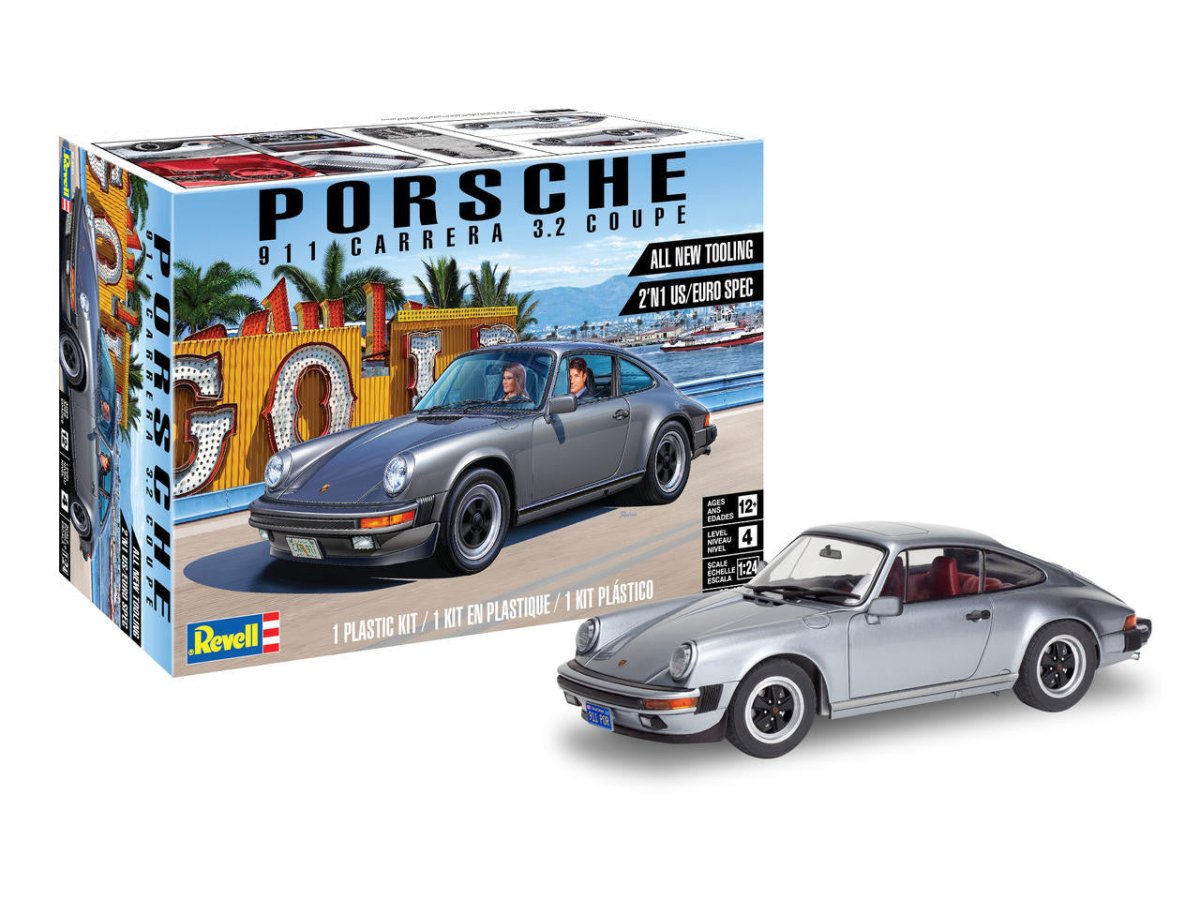 Revell 85-4521 1:24 Porsche 911 Carrera 3.2 Coupe 2-in-1 kit box and painted model example